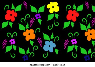 The seamless colorful floral pattern on black