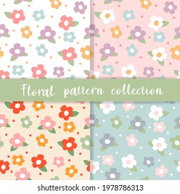 Patrón floral de colores sin inconfundibles. Fondo vectorial con diferentes flores y puntos. Textura romántica. Textil para niños.