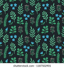 Seamless colorful floral pattern with wild  flowers on dark background. Simple Scandinavian style. Vector illustration