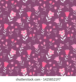 Seamless colorful floral pattern with wild flowers on purple background. Ditsy print. Simple scandinavian style. Vector illustration