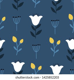 Seamless colorful floral pattern with wild flowers on blue background. Simple scandinavian style. Vector illustration