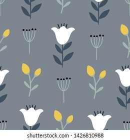 Seamless colorful floral pattern with wild flowers on gray background. Simple scandinavian style. Vector illustration