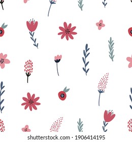 Seamless colorful floral pattern with wild flowers on white background. Simple Scandinavian style. Vector illustration