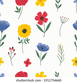 Seamless colorful floral pattern with wild flowers. Simple scandinavian style. Vector illustration
