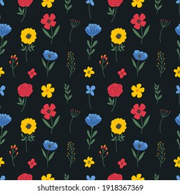 Seamless colorful floral pattern with wild flowers. Simple scandinavian style. Vector illustration
