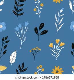 Seamless colorful floral pattern with wild flowers. Simple scandinavian style. Vector illustration