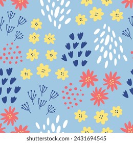 Seamless colorful floral pattern with wild abstract flowers. Ditsy print.  Simple Scandinavian style. Vector illustration