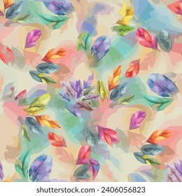 Seamless colorful floral pattern with yellow, blue, pink and purple watercolor background elements स्टॉक वेक्टर