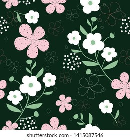 Seamless colorful floral surface pattern background design for fashion,fabric,wallpaper,web and all prints on dark green background