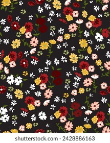 Seamless colorful floral vector pattern. Repeating print with hand drawn flowers and leaves on a black background. Small ditsy flowers in a vintage style.
