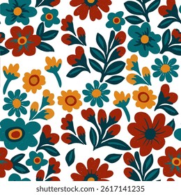 A seamless colorful floral vector pattern with bold flowers and leaves, perfect for textile design, packaging, and spring-themed creative projects.
