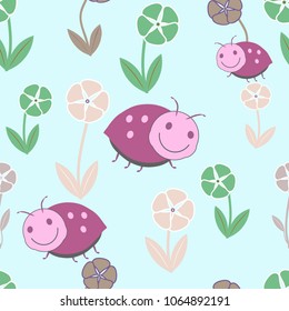 Seamless colorful flower baby pattern of flowers and  ladybug. Vector