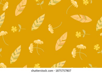 Seamless colorful flower and leaves on a green background