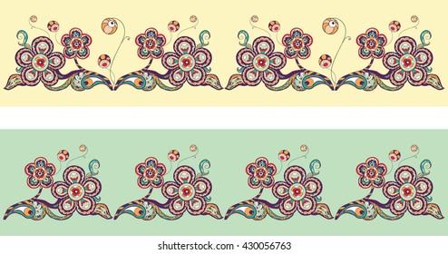 Seamless colorful flower vector line pattern in doodle style.
