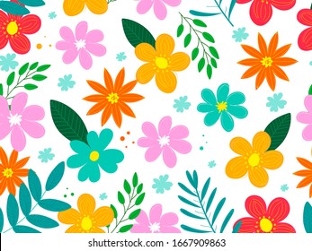 Seamless Colorful Flowers with Leaves Decorated on White Background,