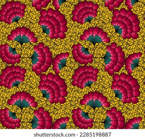 Seamless Colorful flowers motifs, African Wax Print fabric, Afro Ethnic handmade ornament for your design, tribal geometric elements. Vector texture, Africa floral textile Ankara fashion design