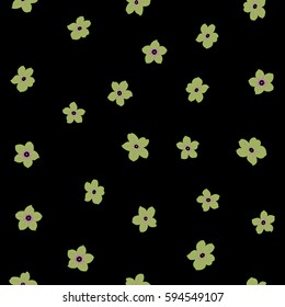 Seamless colorful flowers painting in green and violet colors. Vector flowers pattern on black background.