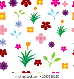 Seamless colorful flowers pattern on the white background
