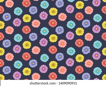 Seamless colorful flowers pattern vector. Dark blue background. Modern floral texture