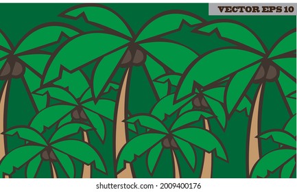Seamless, colorful forest landscape with coconut trees as a background layer. flat style vector illustration. simple cartoon design.