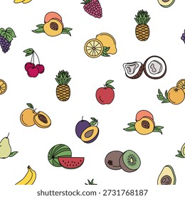 Padrão de frutas coloridas sem costura com uva de banana de maçã Melancia Abacate Citrus Berry Hand Drawn Flat Vetor Background para tecido têxtil Wallpaper Design de embalagem