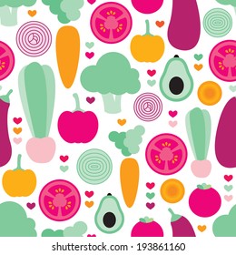 Seamless colorful fruit and vegetables illustration background pattern print in vector