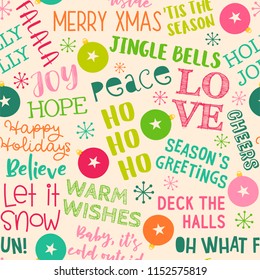 Seamless of colorful fun typography with ball and snowflake pattern background