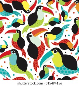 Seamless colorful gender neutral kids toucan birds tropical summer brazil jungle animals illustration background pattern in vector