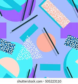 Seamless Colorful Geo Pattern. Memphis Trend. Basic Shapes Overlapping, Neon Colors, Small Original Textures
