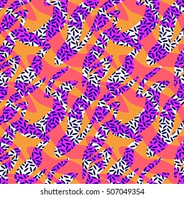 seamless colorful geo pattern. memphis trend. Basic shapes overlapping, neon colors, small original textures, animal skin design, zebra, tiger
