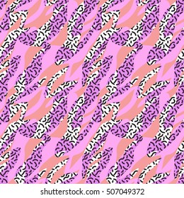 seamless colorful geo pattern. memphis trend. Basic shapes overlapping, neon colors, small original textures, animal skin design, zebra, tiger