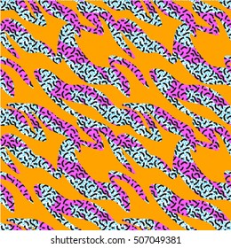 seamless colorful geo pattern. memphis trend. Basic shapes overlapping, neon colors, small original textures, animal skin design, zebra, tiger