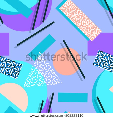 seamless colorful geo pattern. memphis trend. Basic shapes overlapping, neon colors, small original textures