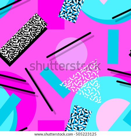seamless colorful geo pattern. memphis trend. Basic shapes overlapping, neon colors, small original textures
