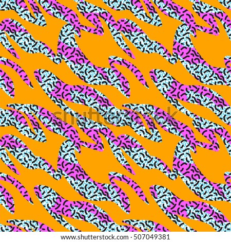 seamless colorful geo pattern. memphis trend. Basic shapes overlapping, neon colors, small original textures, animal skin design, zebra, tiger