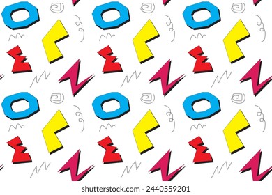 Seamless colorful geomatric hand draw style. Black, pink, blue, red, yellow and green. Chaotic background. white backdrop