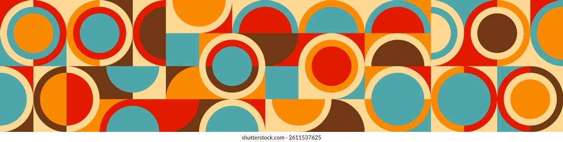 Seamless colorful geometric background in retro style of 60s and 70s, circles and squares in blue and orange. Abstract texture in trendy design.
