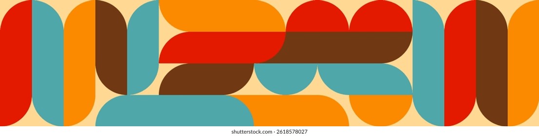 Seamless colorful geometric background in retro style of 60s and 70s, circles and squares in blue and orange. Abstract texture in trendy design.