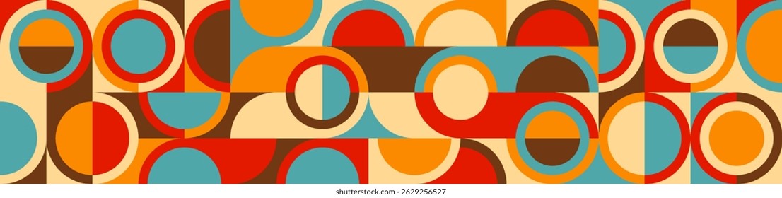 Seamless colorful geometric background in retro style of 60s and 70s, circles and squares in blue and orange. Abstract texture in trendy design.
