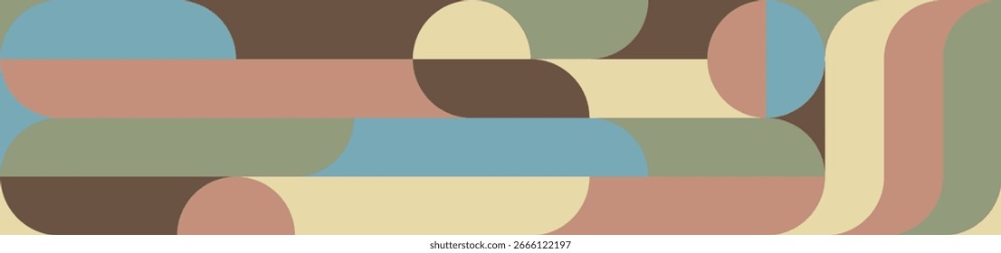 Seamless colorful geometric background in retro style of 60s and 70s, circles and squares in blue and orange. Abstract texture in trendy design.
