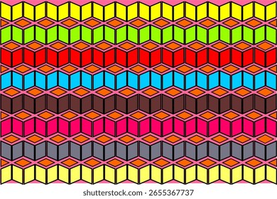 "Padrão de cubo geométrico colorido contínuo com um efeito de ilusão óptica 3D. Este design vibrante apresenta linhas de repetição hexagonal cubo formas em várias cores brilhantes.