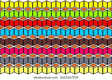 "Patrón geométrico colorido inconsútil del cubo con un efecto óptico de la ilusión 3D. Este diseño vibrante presenta filas de Formas de cubo hexagonales repetitivas en varios colores brillantes.