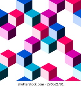 Seamless colorful geometric dimensional backdrop with pink, blue and purple blocks and cubes