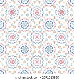 Seamless colorful geometric flower ornament. Blue, pink, grey and yellow simple flower pattern.