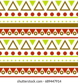 Seamless colorful geometric horizontal pattern. Stylized Native American pattern triangles circles and lines in red, lime green and khaki brown on white background.