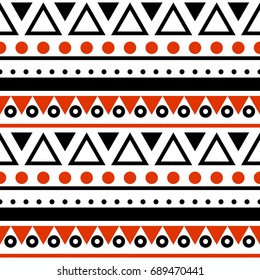 Seamless colorful geometric horizontal pattern. Stylized Native American pattern triangles circles and lines in red and black on white background.