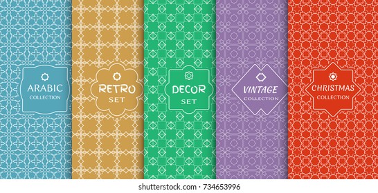 Seamless colorful geometric line patterns for card, invitation, fabric or paper print. Stylish decorative vintage, retro, arabic, christmas label decor set. Art Deco style, abstract frame