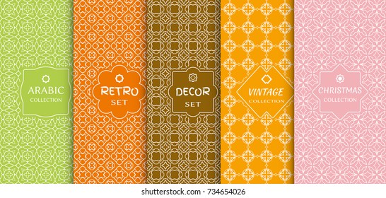Seamless colorful geometric line patterns for card, invitation, fabric or paper print. Stylish decorative vintage, retro, arabic, christmas label decor set. Art Deco style, abstract frame