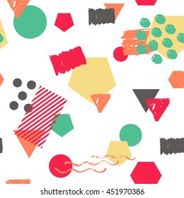 Seamless colorful geometric pattern background inspired by memphis style. Illustration with triangle, square, circle for textile design, fashion poster.