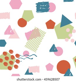 Seamless colorful geometric pattern background inspired by memphis style. Illustration with triangle, square, circle for textile design, fashion poster.